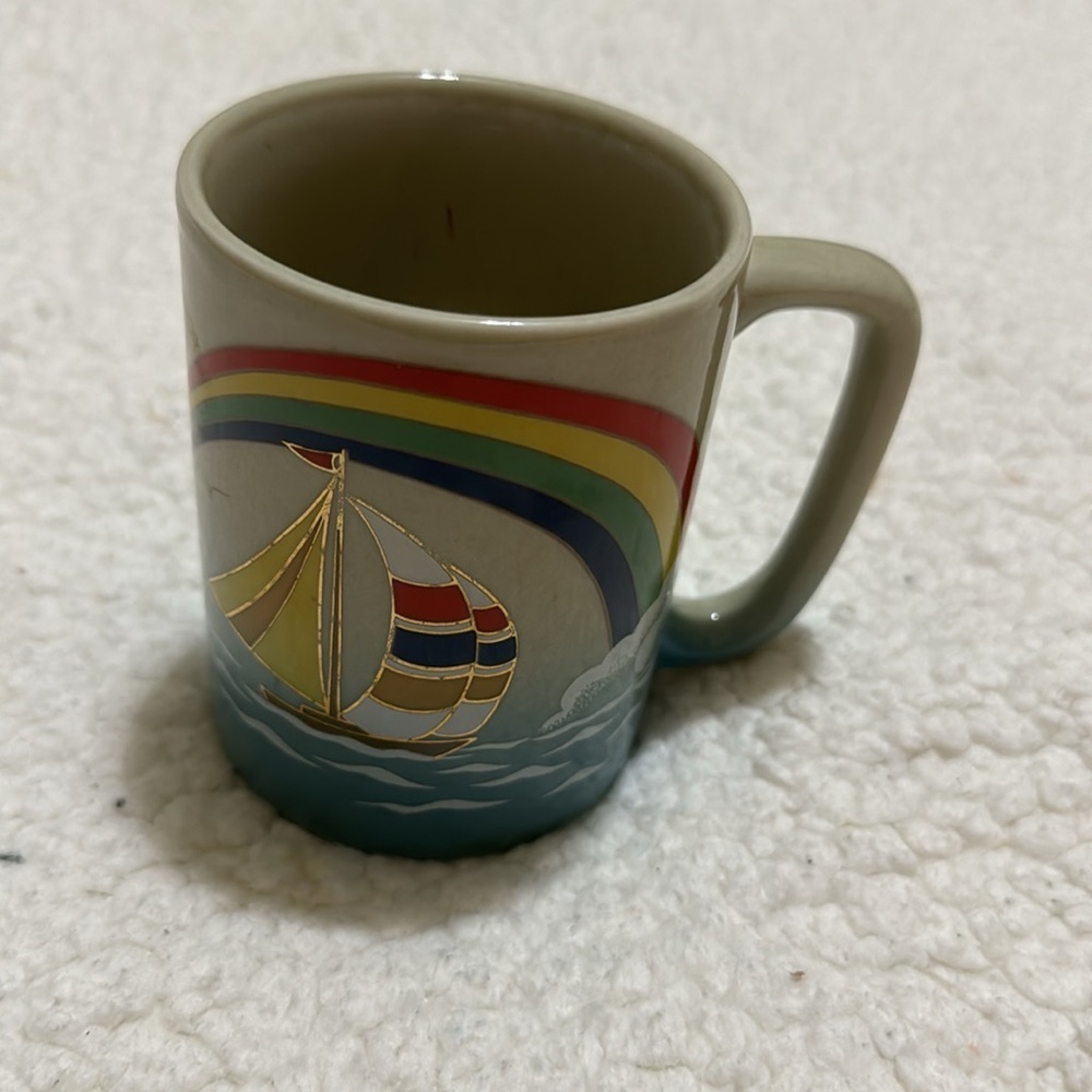 Vintage Otagiri Japan Coffee Tea Mug Colorful Rainbow with Sailboat